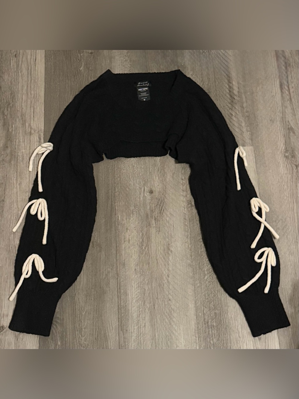 Sweet Society Black Cable Knit White Bow Bolero Crop Shrug